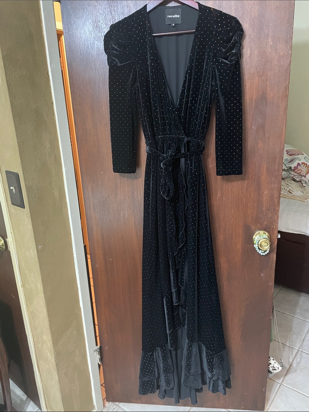 retro fat puff shoulder, black velvet, studded ruffled wrap dress - Picture 3 of 9